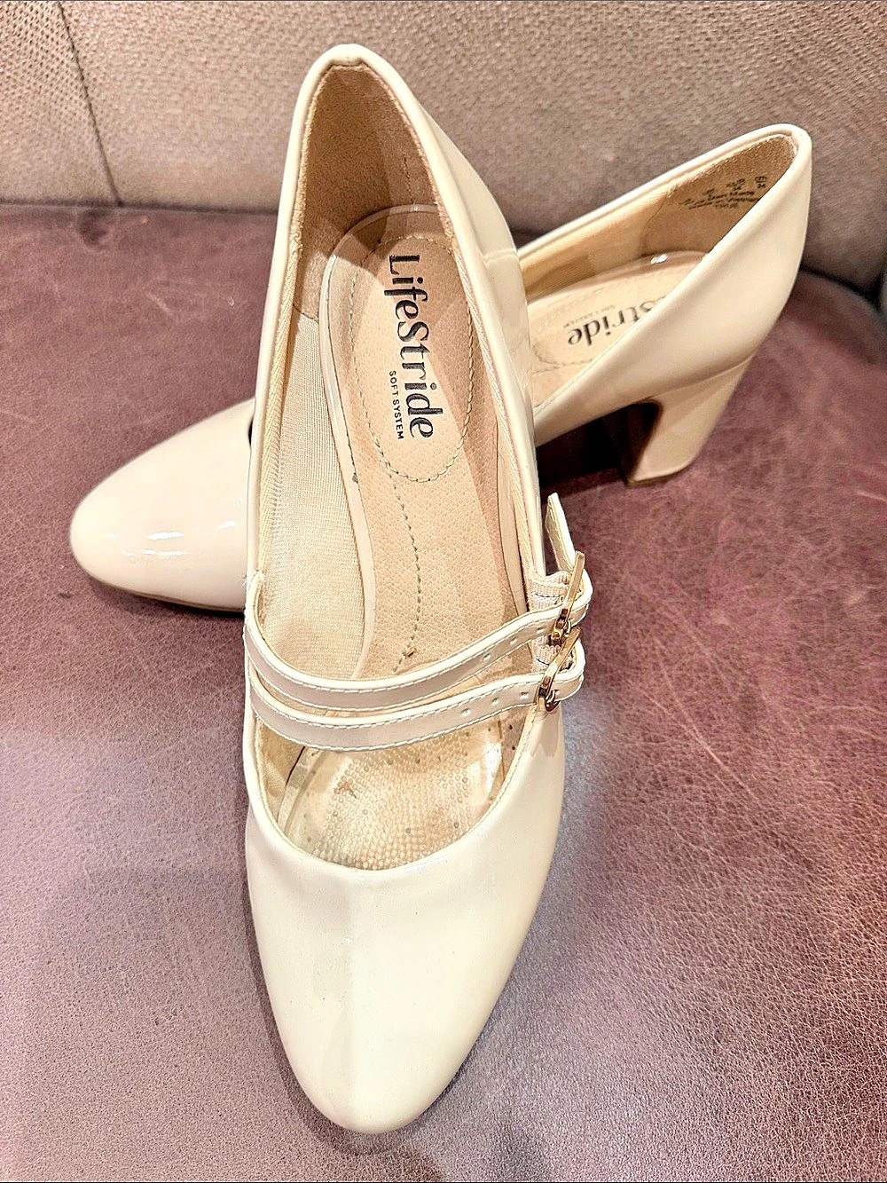 LifeStride Double Strap Block Heel Pumps Cream US 7.5